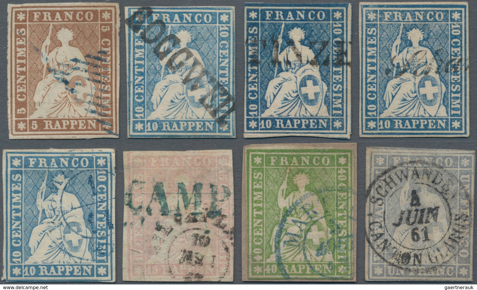 Schweiz: 1854-62 Strubel: Acht Strubel-Marken Mit Besonderen Entwertungen, Dabei Blaue Raute, Stab- - Sonstige & Ohne Zuordnung