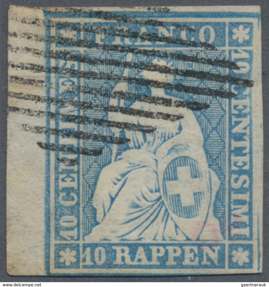 Schweiz: 1854, 10 Rp Blau Sitzende Helvetia, Sog. 'Strubel-Ausgabe', Auf Sehr Dünnem Münchener Papie - Andere & Zonder Classificatie