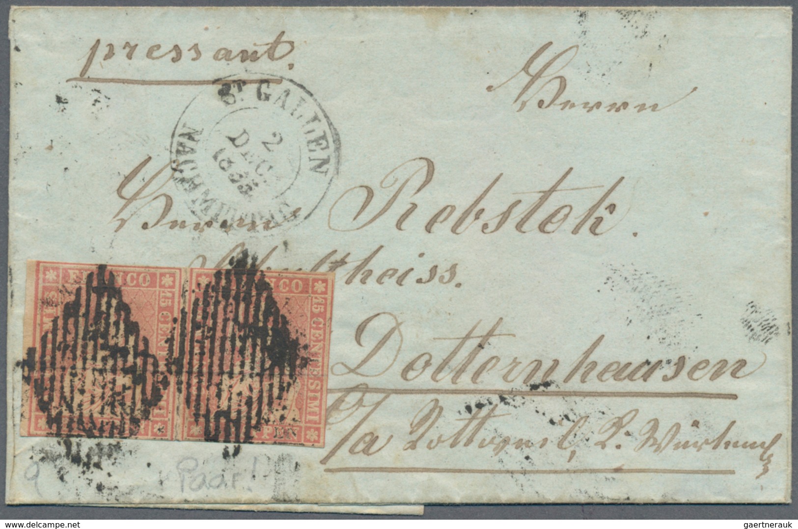 Schweiz: 1855 Strubel 15 Rp. Rötlichkarmin, Waagerechtes Paar Als 30 Rp.-Frankatur Auf Kleiner Faltb - Andere & Zonder Classificatie