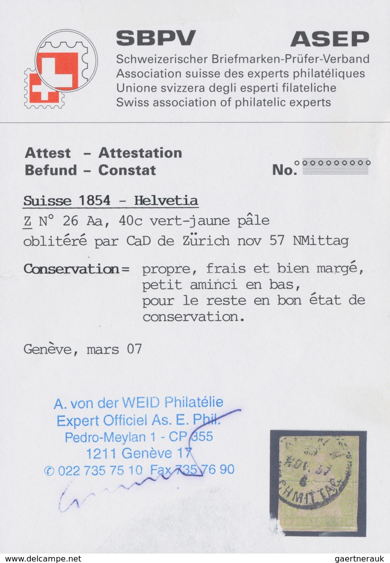 Schweiz: 1854, 40 Rp Gelboliv Sitzende Helvetia Mit Seltener Spätverwendung Von Zürich, Weissrandig, - Sonstige & Ohne Zuordnung