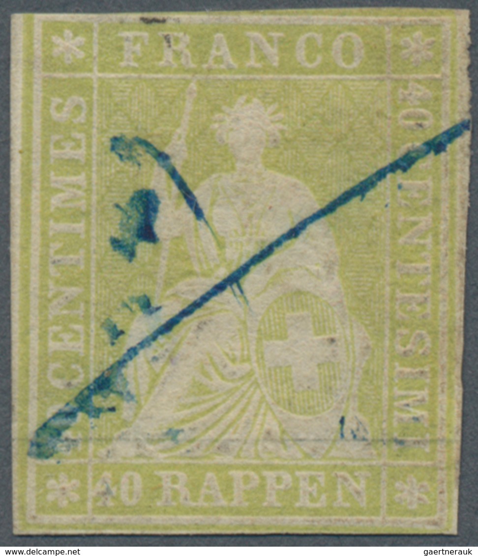 Schweiz: 1854, 40 Rp Gelboliv Sitzende Helvetia Mit Blauer Tintenentwertung, Farbfrisch, Dreiseitig - Sonstige & Ohne Zuordnung