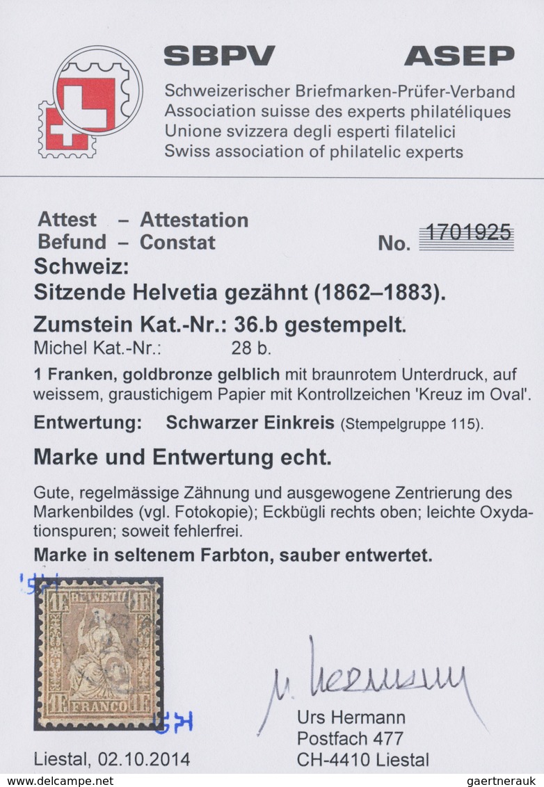 Schweiz: 1864, 1 Fr. Goldbronze Mit Braunrotem Unterdruck, Sauber Gestempeltes Pracht-Stück Auf Weis - Andere & Zonder Classificatie