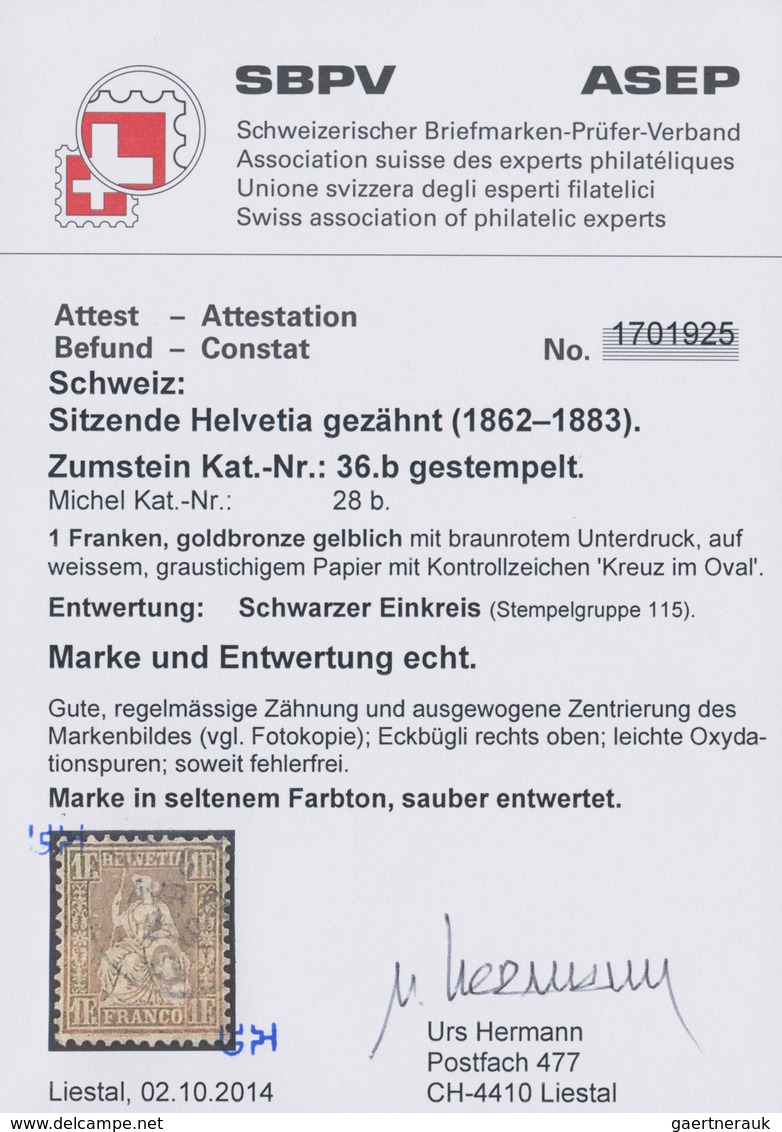 Schweiz: 1864, 1 Fr. Goldbronze Mit Braunrotem Unterdruck, Sauber Gestempeltes Pracht-Stück Auf Weis - Sonstige & Ohne Zuordnung