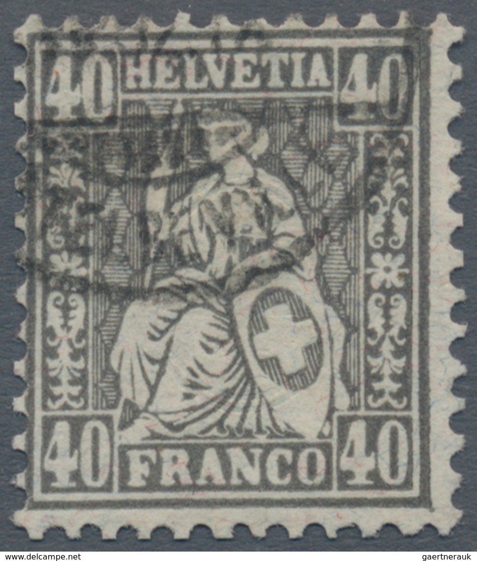 Schweiz: 1881 Sitzende Helvetia 40 Rp. Dunkelgrau Auf FASERPAPIER, Gebraucht Und Sauber Entwertet "G - Other & Unclassified