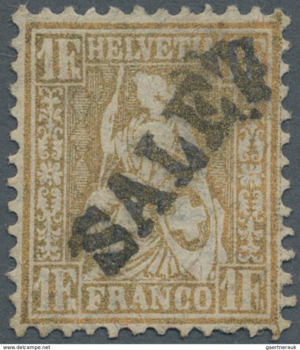 Schweiz: 1881 Sitzende Helvetia 1 Fr. Golden Auf FASERPAPIER, Gebraucht In St. Gallen Und Sauber Ent - Sonstige & Ohne Zuordnung