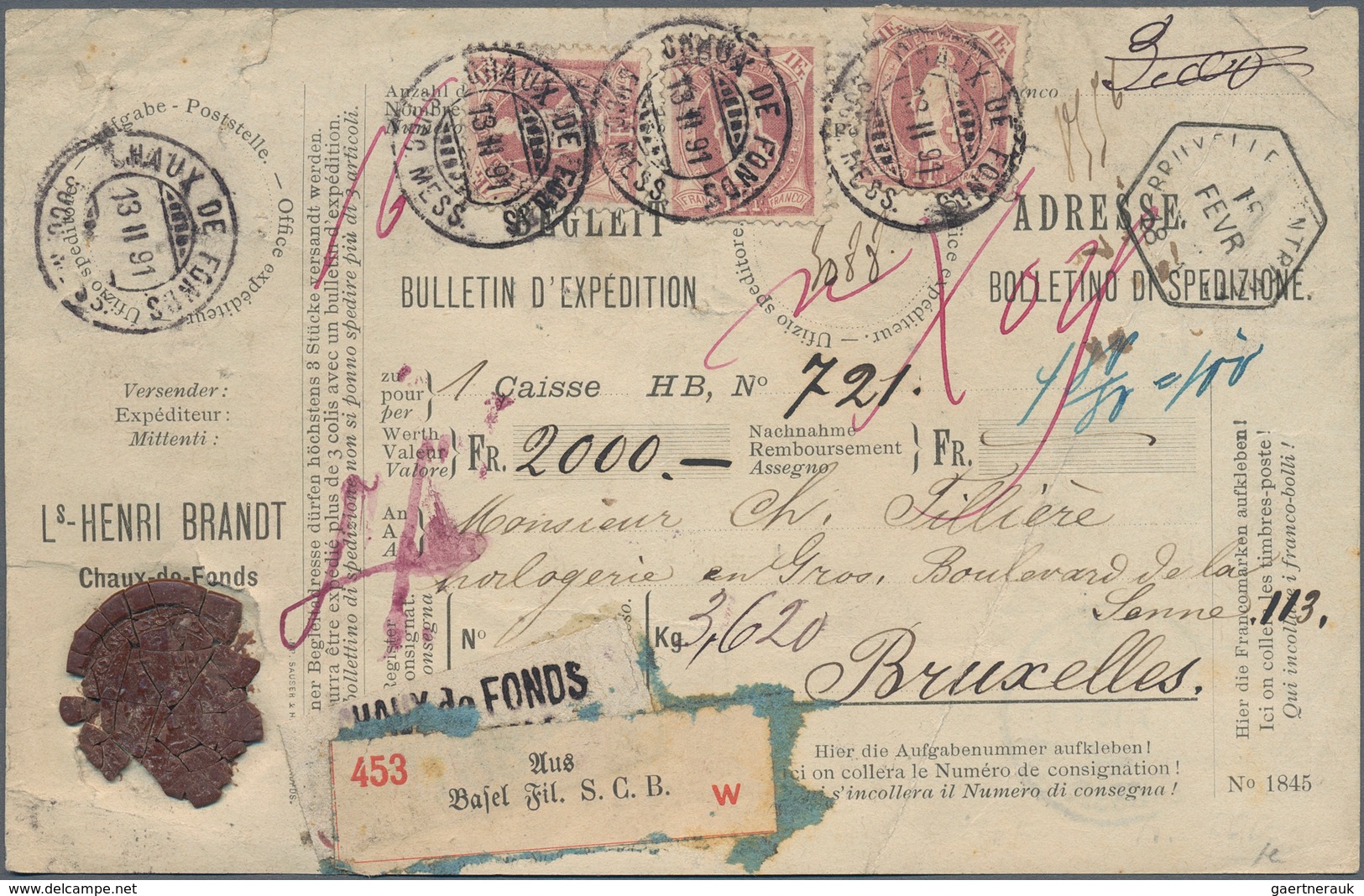 Schweiz: 1891: Drei Einzelmarken Stehende Helvetia 1 Fr. Lila, Gez. 11¾, Auf Paketkarte Von Chaux-de - Other & Unclassified