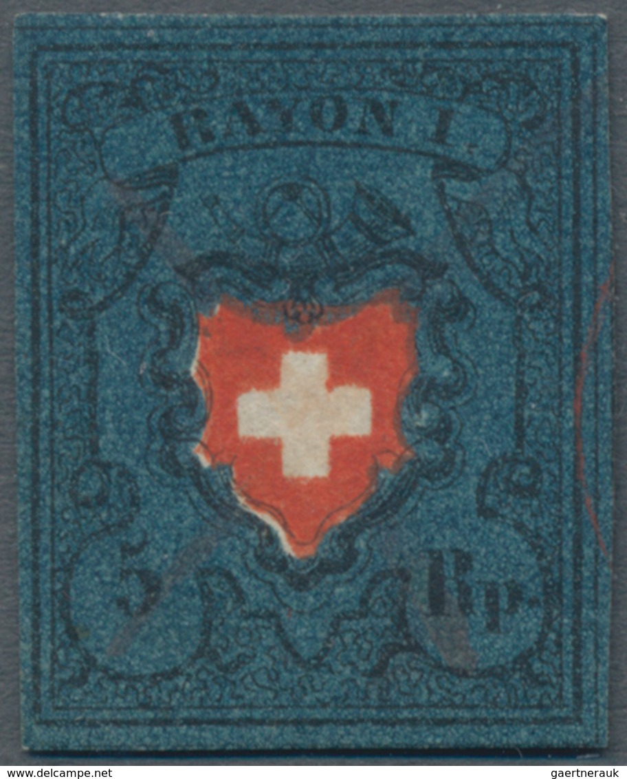 Schweiz: 1850, Rayon I, 5 Rappen Type 37 In Der SELTENEN FARBE „TIEFDUNKELBLAU“ Und Mit „MARMORIERTE - Other & Unclassified