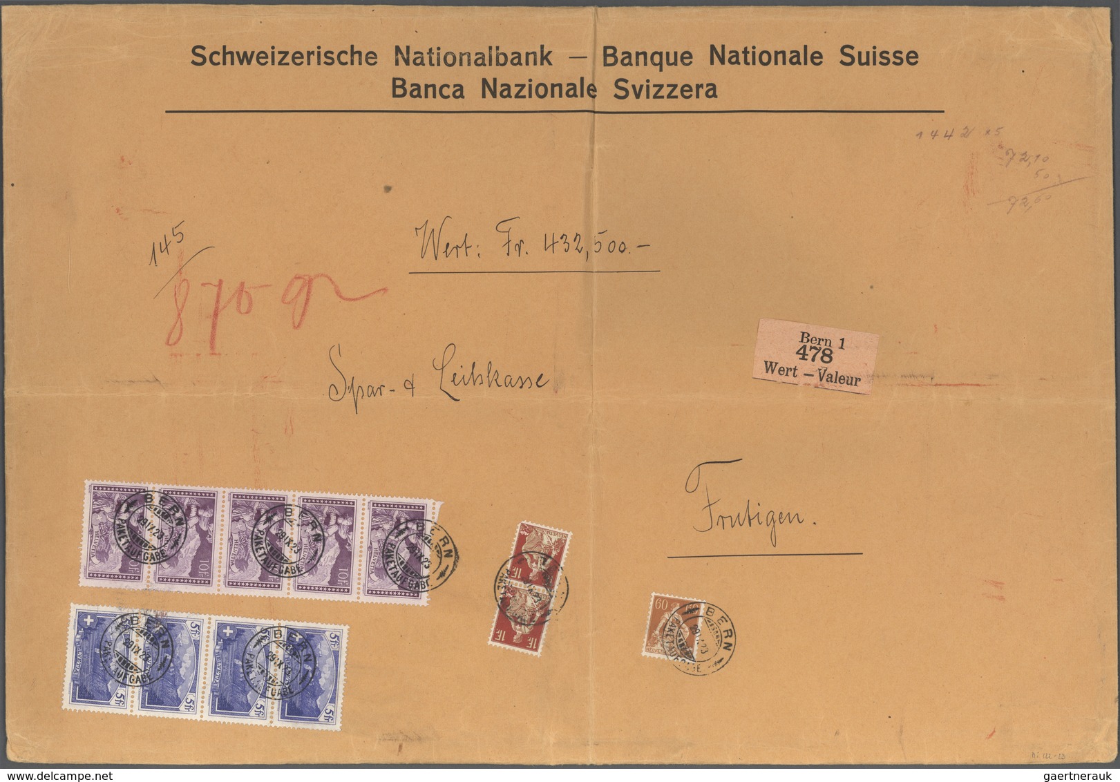 Schweiz: 1914, 4 X 5 Und 5 X 10 Fr. Gebirgslandschaften, Zusammen Mit Weiteren 3 Marken (Porto 72,60 - Sonstige & Ohne Zuordnung