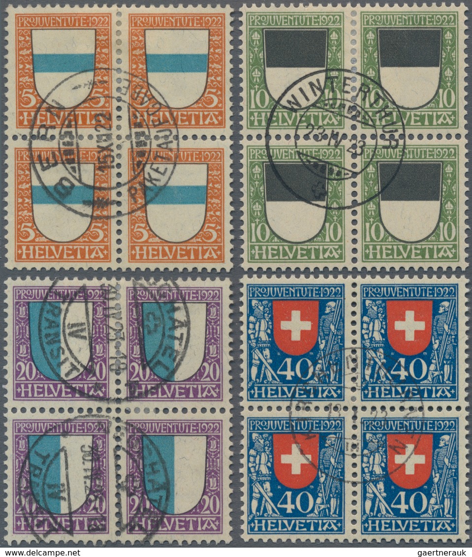 Schweiz: 1922 Pro Juventute: Kompletter Satz In Gestempelten Vierblocks, Der Block Der 20 Rp. Mit Zw - Sonstige & Ohne Zuordnung