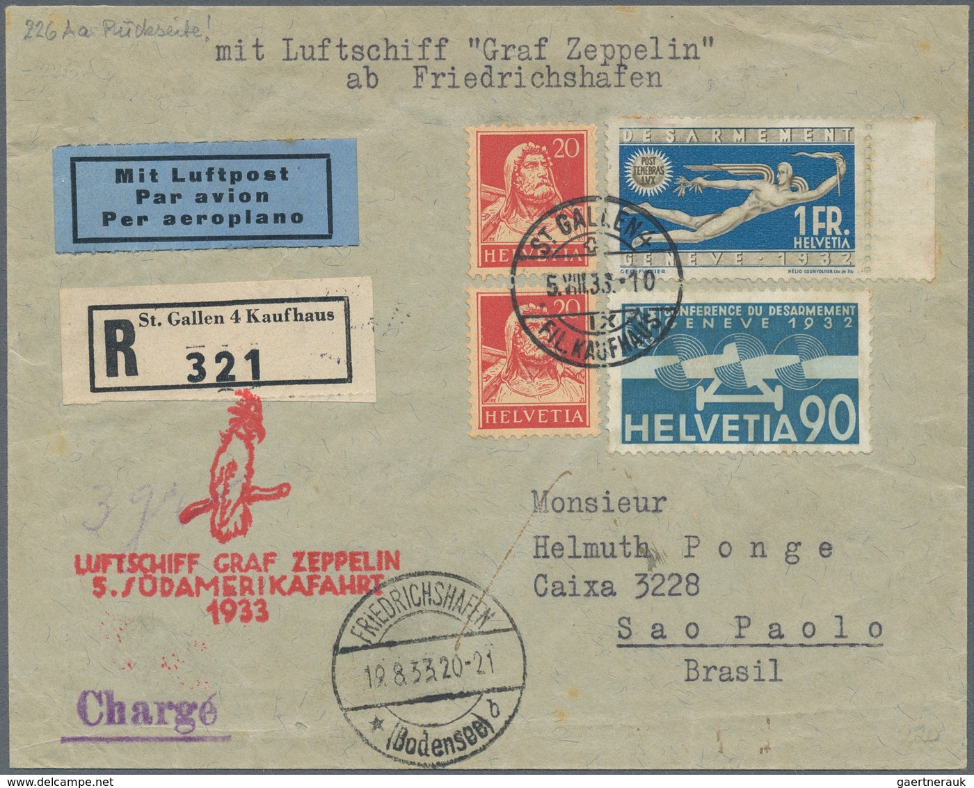 Schweiz: 1933, SCHWEIZ, Eingeschriebener Brief Ab ST.GALLEN KAUFHAUS 5.8. Mit U.a. Flugpostmarken Vi - Andere & Zonder Classificatie