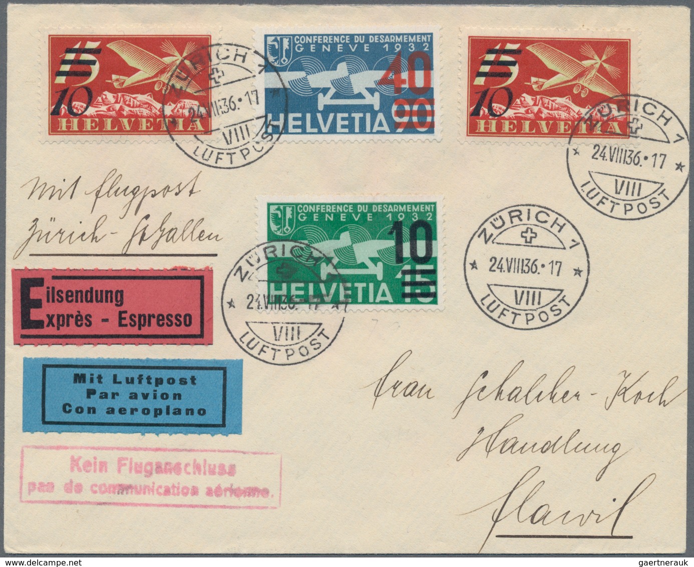 Schweiz: 1935 - 1936, Aufbrauchsausgabe 40. Rp Au 90 Rp. Blau/ Blaugrau, Aufdruck Hellrot Mit 2 X 10 - Other & Unclassified