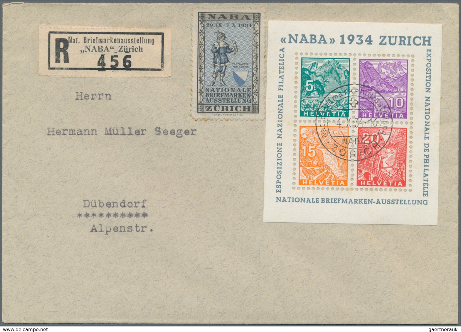 Schweiz: 1934, NABA-BLOCK Auf R-Brief Von "ZÜRICH 4.X.34" Mit SST Und R-Zettel Der Ausstellung Nach - Altri & Non Classificati