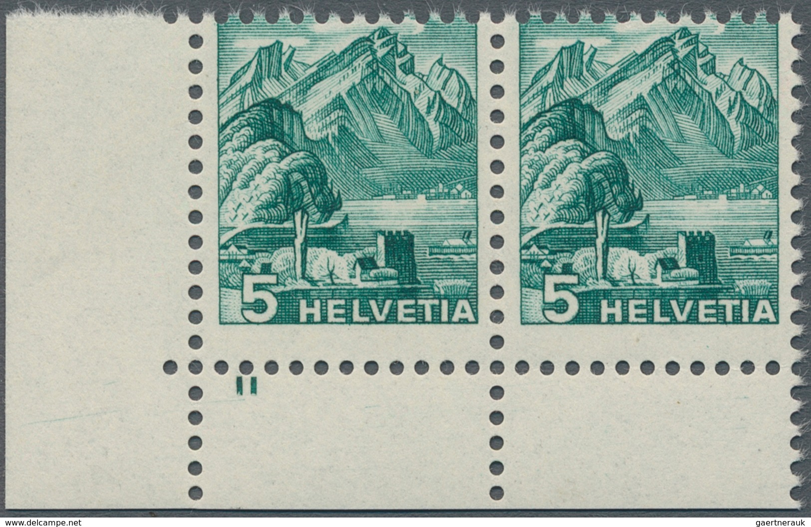 Schweiz: 1936, Freimarken Landschaften, 5 Rp. Bläulichgrün, Glatter Gummi, Verzähntes Eckrandpaar Li - Sonstige & Ohne Zuordnung