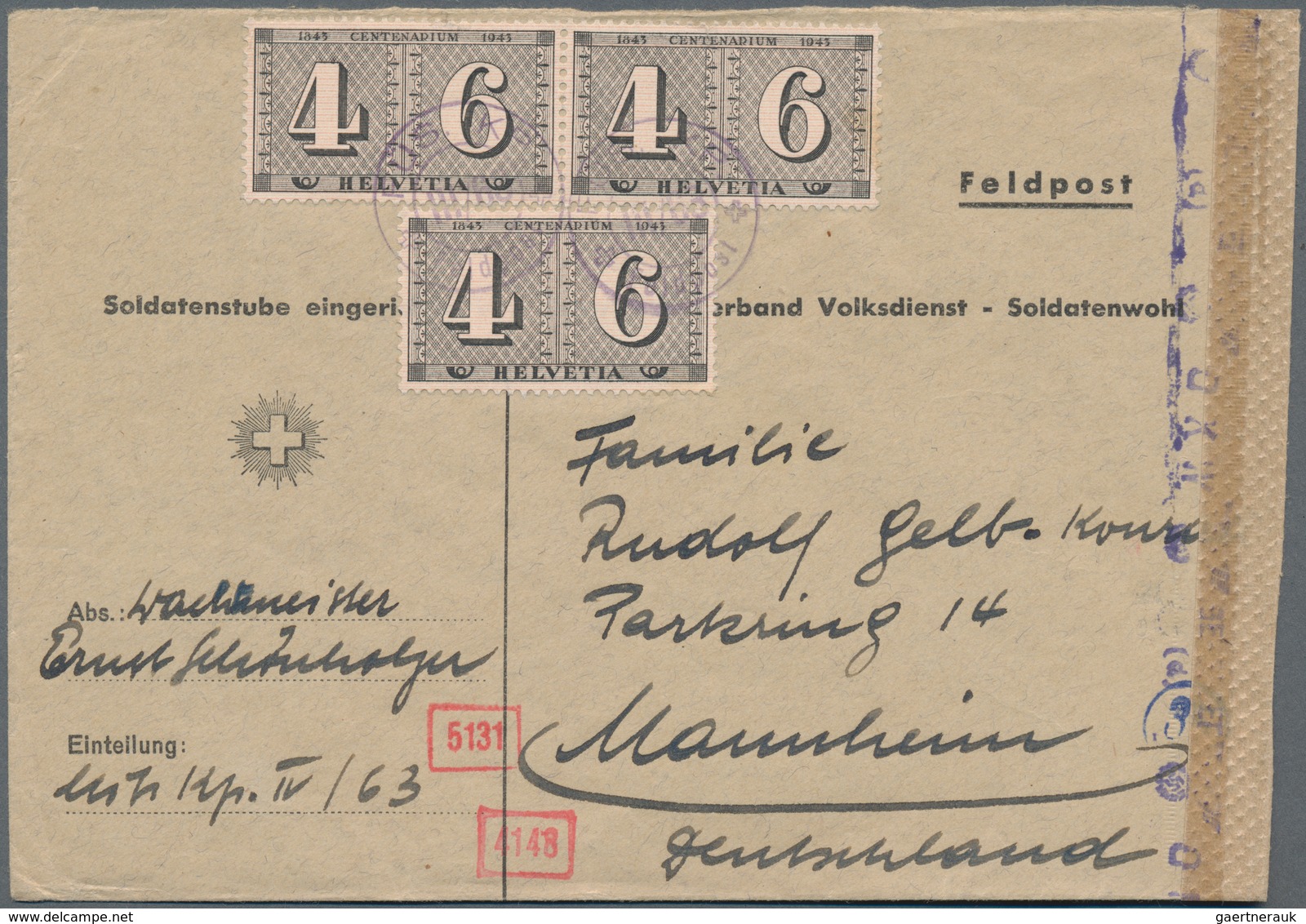Schweiz: 1943, 4+6 C. 100 Jahre Schweizer Briefmarken, 3 Werte Auf Feldpostbrief "FÜS. KP III/63" Mi - Sonstige & Ohne Zuordnung