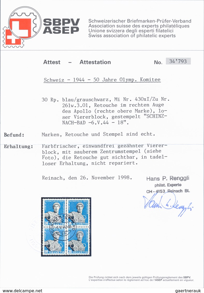 Schweiz: 1944, Schweiz, 30 Rp. Olympisches Komitee Im 4er-Block, Dabei Rechte Obere Marke Mit Retusc - Autres & Non Classés