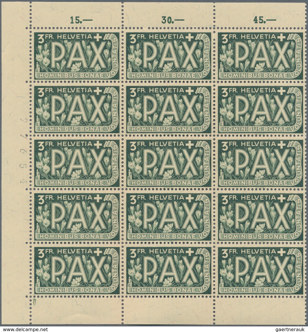 Schweiz: 1945, PAX 50 Rp.-10 Fr., Acht Werte Je In Rand-15er-Blocks Postfrisch (ein Wert 10 Fr. Etwa - Sonstige & Ohne Zuordnung