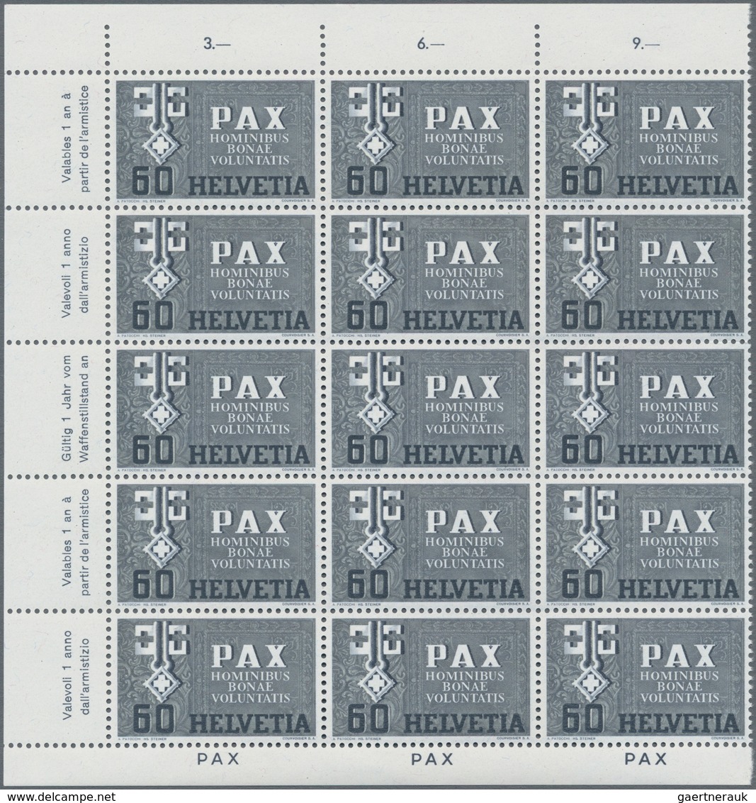 Schweiz: 1945, PAX 50 Rp.-10 Fr., acht Werte je in Rand-15er-Blocks postfrisch (ein Wert 10 Fr. etwa