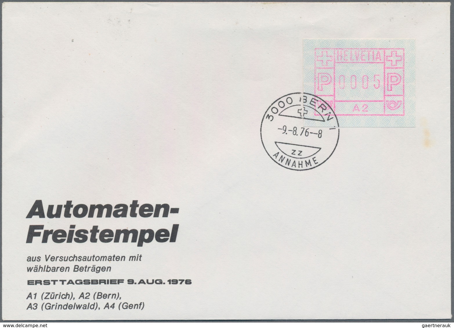 Schweiz - Automatenmarken: 1976 Kompletter Satz Von Vier FDC Aller Standorte (Bern, Genf, Grindelwal - Automatenmarken