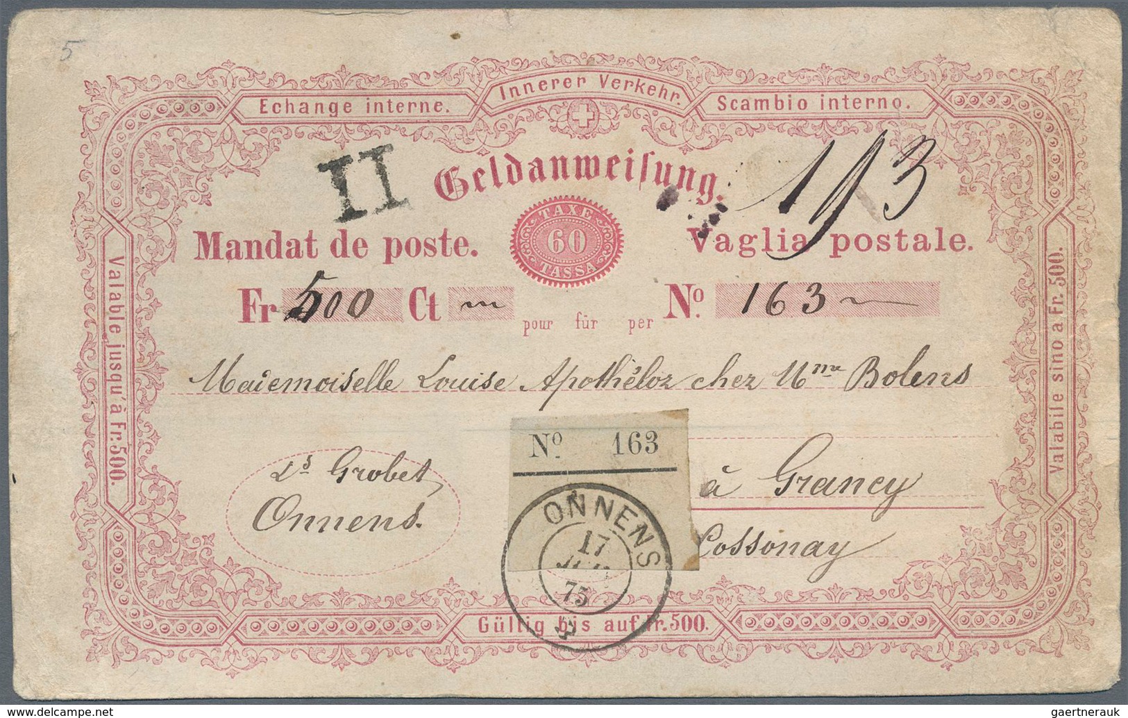 Schweiz - Ganzsachen: 1867 Postanweisung 60 Rp. Karmin, Gebraucht Zum Höchstbetrag Von 500 Fr. 1875 - Postwaardestukken