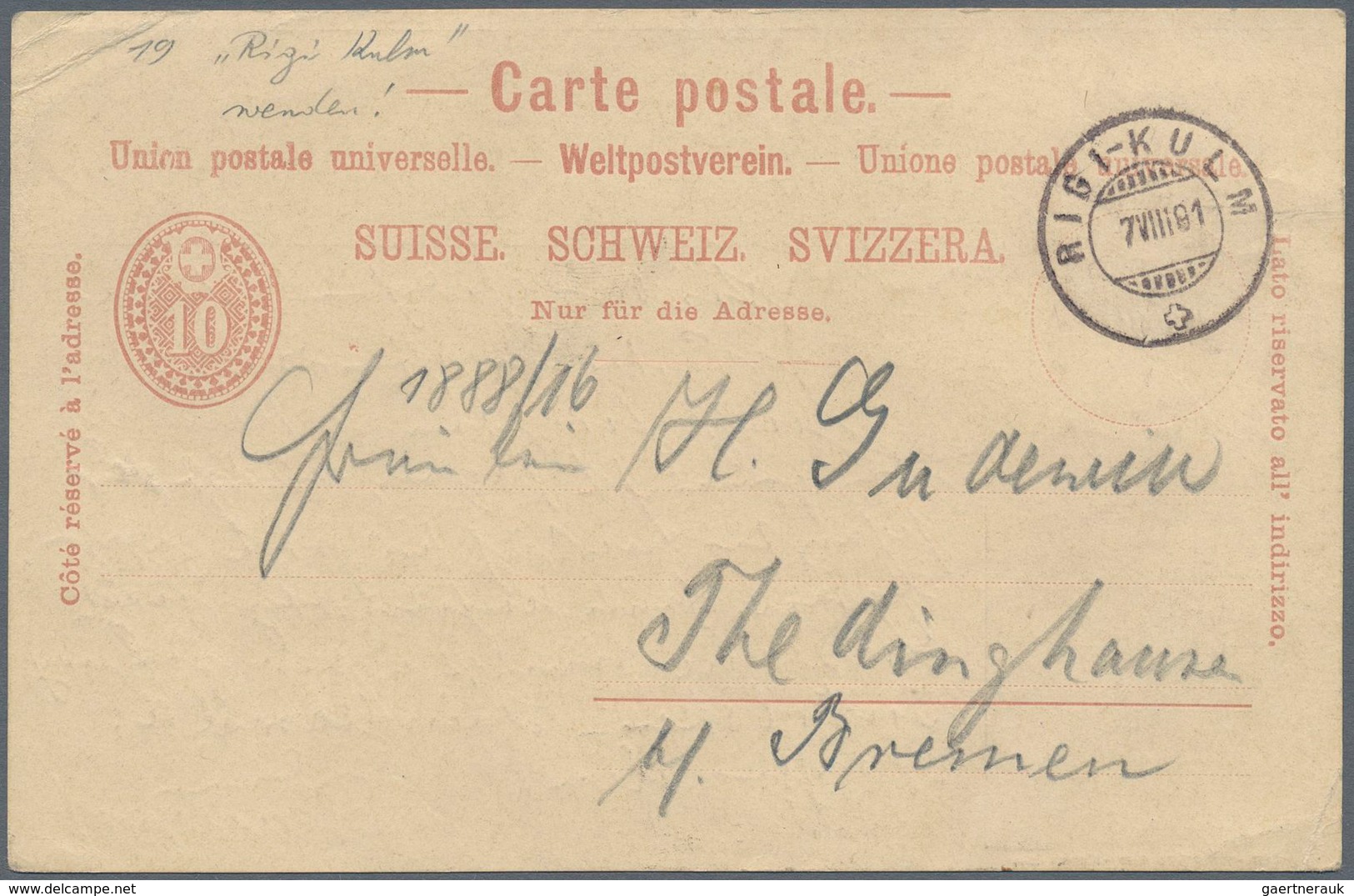 Schweiz - Ganzsachen: 1888 GA-Karte 10 Rp. Mit Rs. Zudruck Vitznau-Rigi-Bahn (mit Legende Links Unte - Interi Postali