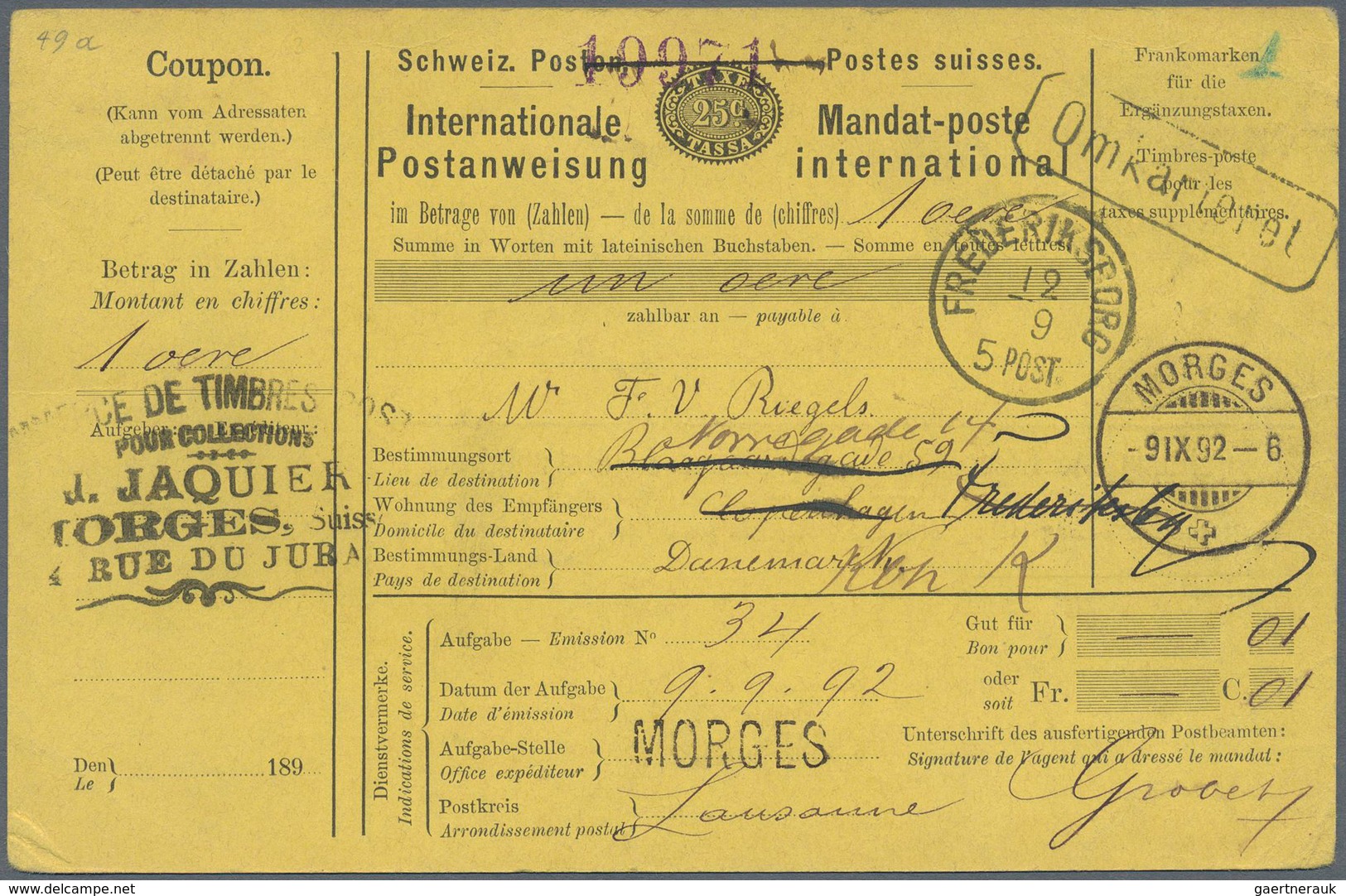 Schweiz - Ganzsachen: 1892 Internat. Postanweisung 25 Rp. Schwarz Auf Gelb, Mit Coupon, Verwendet In - Postwaardestukken