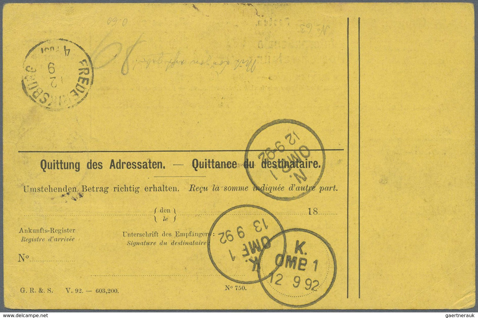 Schweiz - Ganzsachen: 1892 Internat. Postanweisung 25 Rp. Schwarz Auf Gelb, Mit Coupon, Verwendet In - Ganzsachen