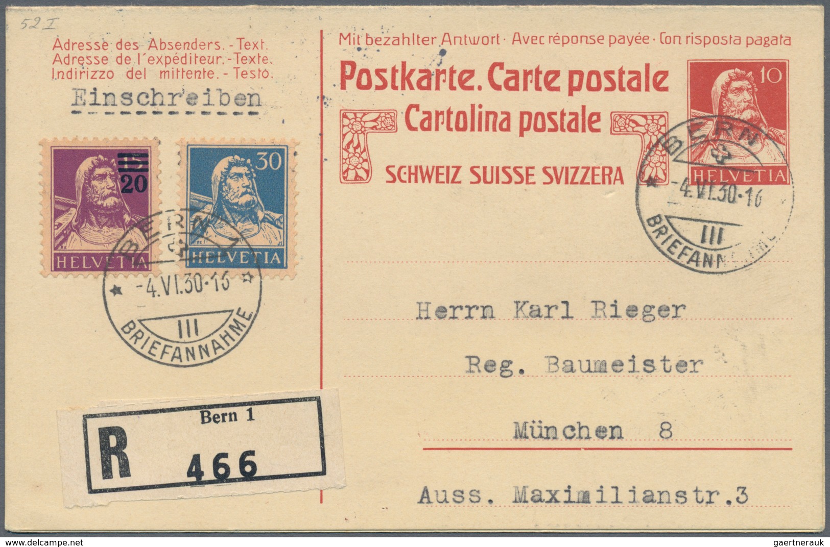 Schweiz - Ganzsachen: 1914 Doppelkarte 'Tell Brustbild' 10+10 Rp. Rot In Type I, Gebraucht Als Einsc - Postwaardestukken