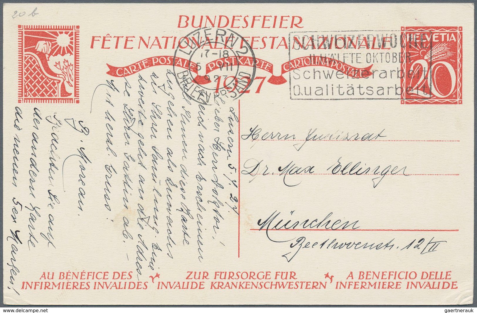 Schweiz - Ganzsachen: 1927 Beide Bundesfeierkarten Zu 20 Rp. Mit Bild "Knabe" Bzw. "Schwester", Beid - Postwaardestukken