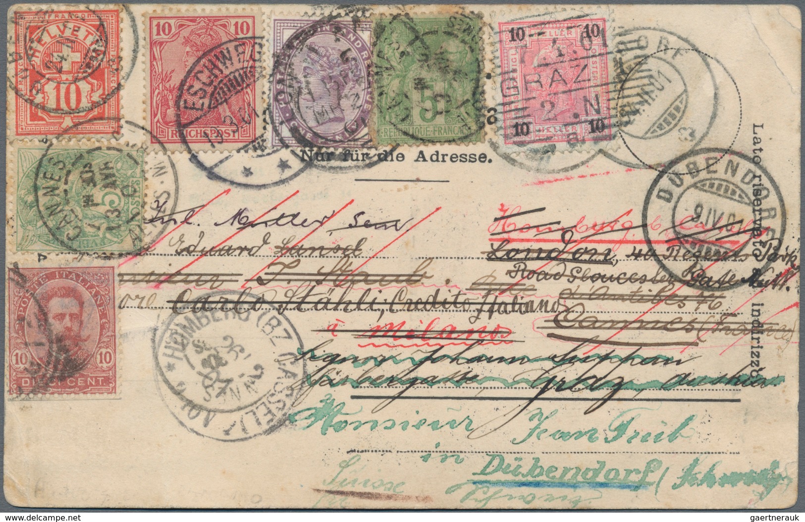 Schweiz - Besonderheiten: 1901, 6-Länder-Frankatur Auf Ansichtskarte Von DÜBENDORF/Schweiz über Deut - Andere & Zonder Classificatie