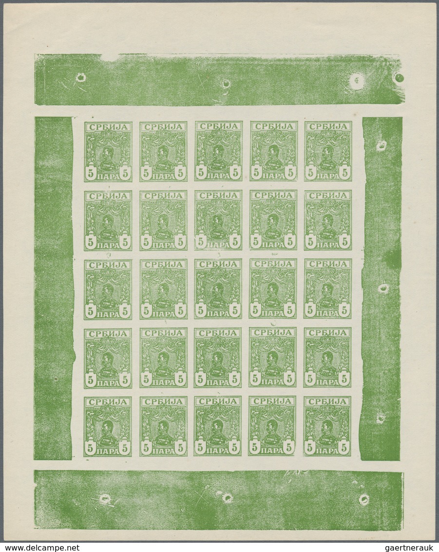 Serbien: 1901, King Alexander I., 5pa. Yellow-green, Imperforate Proof Sheet Of 25 Stamps On Ungumme - Servië