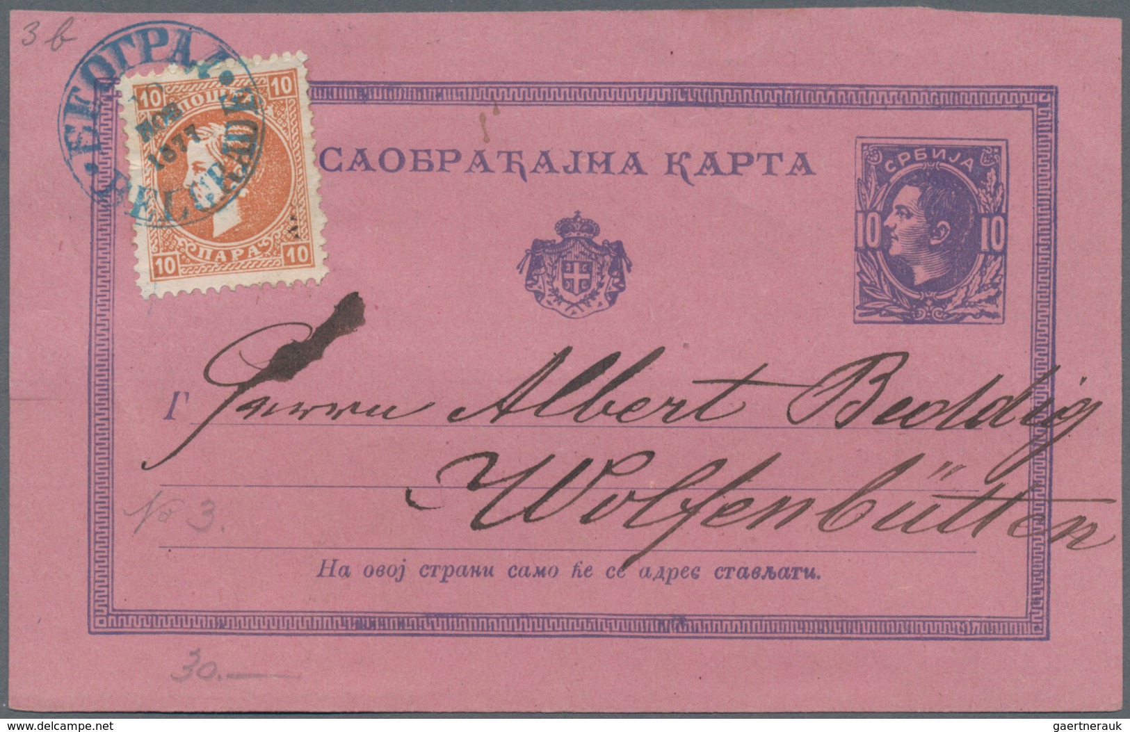 Serbien - Ganzsachen: 1877, 10 Para Stationery Card Uprated With Additional 10 Para From "BEOGRAD" T - Servië