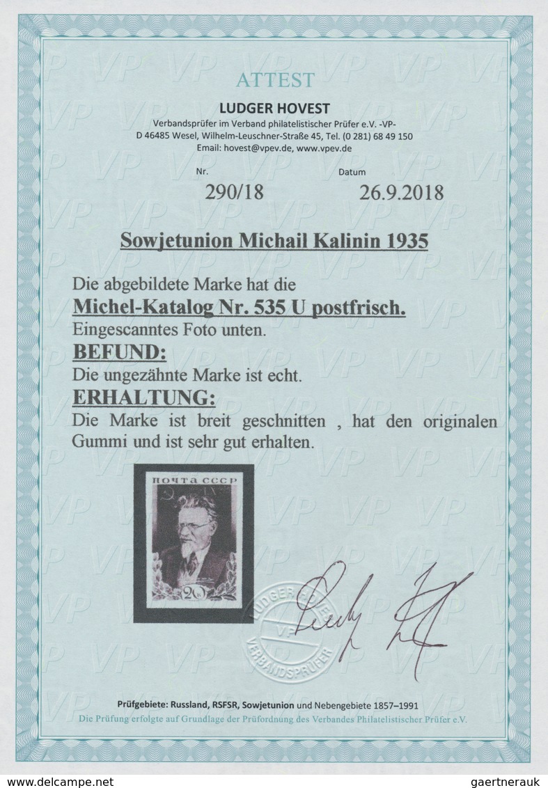 Sowjetunion: 1935, Kalinin 20kop. Blackish Brown IMPERFORATE, Unmounted Mint. Certificate Hovest VP. - Brieven En Documenten