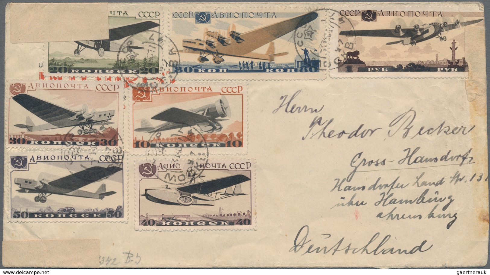 Sowjetunion: 1940 Type-setting Letter With Complete Set Airplanes On Letter From Moscow Via Hamburg - Covers & Documents