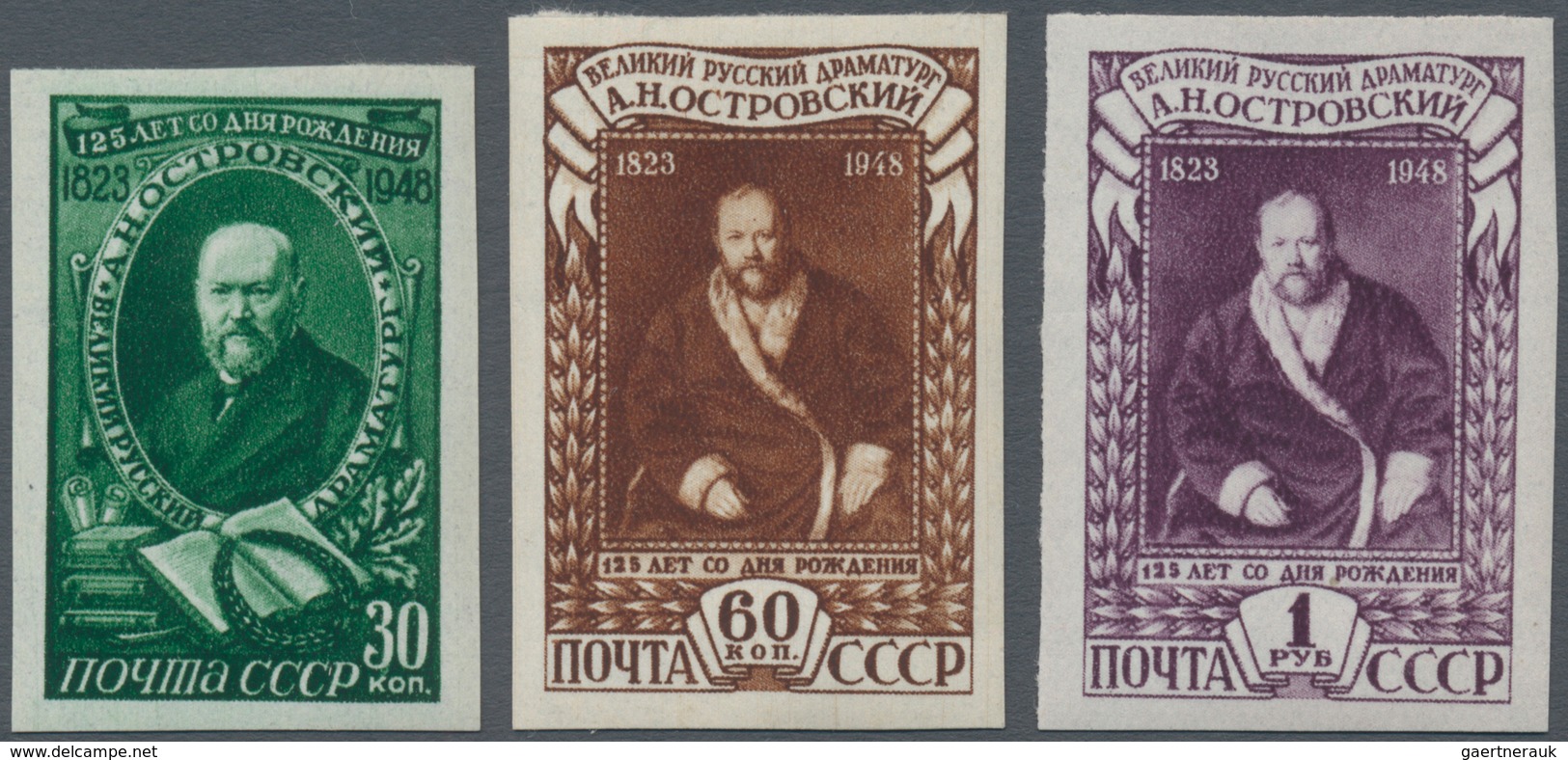 Sowjetunion: 1948, Alexander Ostrovsky IMPERFORATE, Complete Set Of Three Values, Unmounted Mint. Ce - Brieven En Documenten