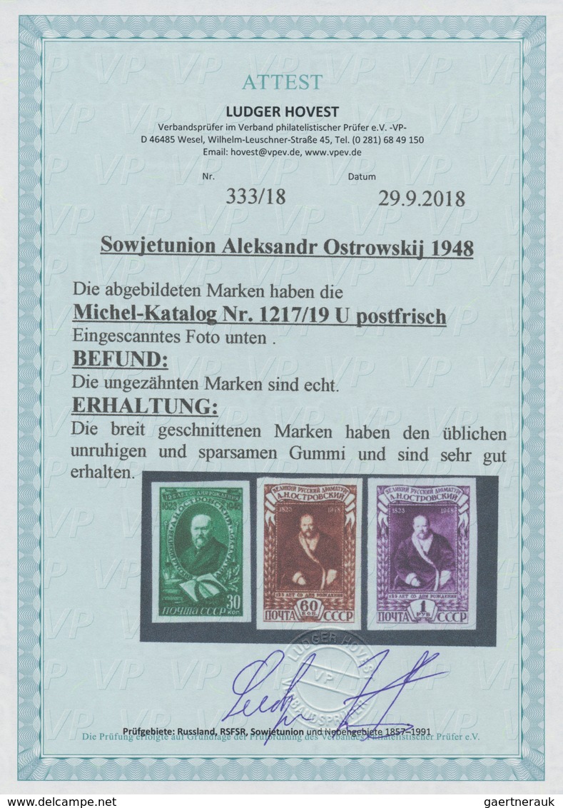 Sowjetunion: 1948, Alexander Ostrovsky IMPERFORATE, Complete Set Of Three Values, Unmounted Mint. Ce - Brieven En Documenten