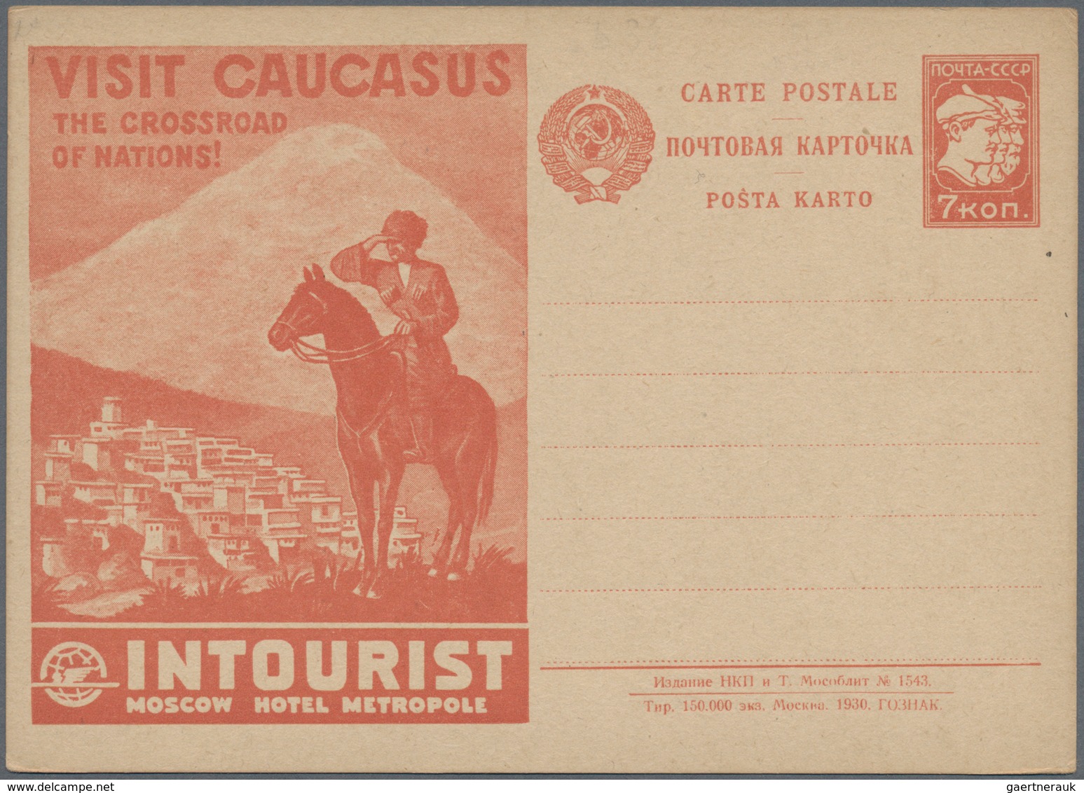 Sowjetunion - Ganzsachen: 1930 Unused Pictured Postal Stationery Card Intourist With Advertisement F - Ohne Zuordnung