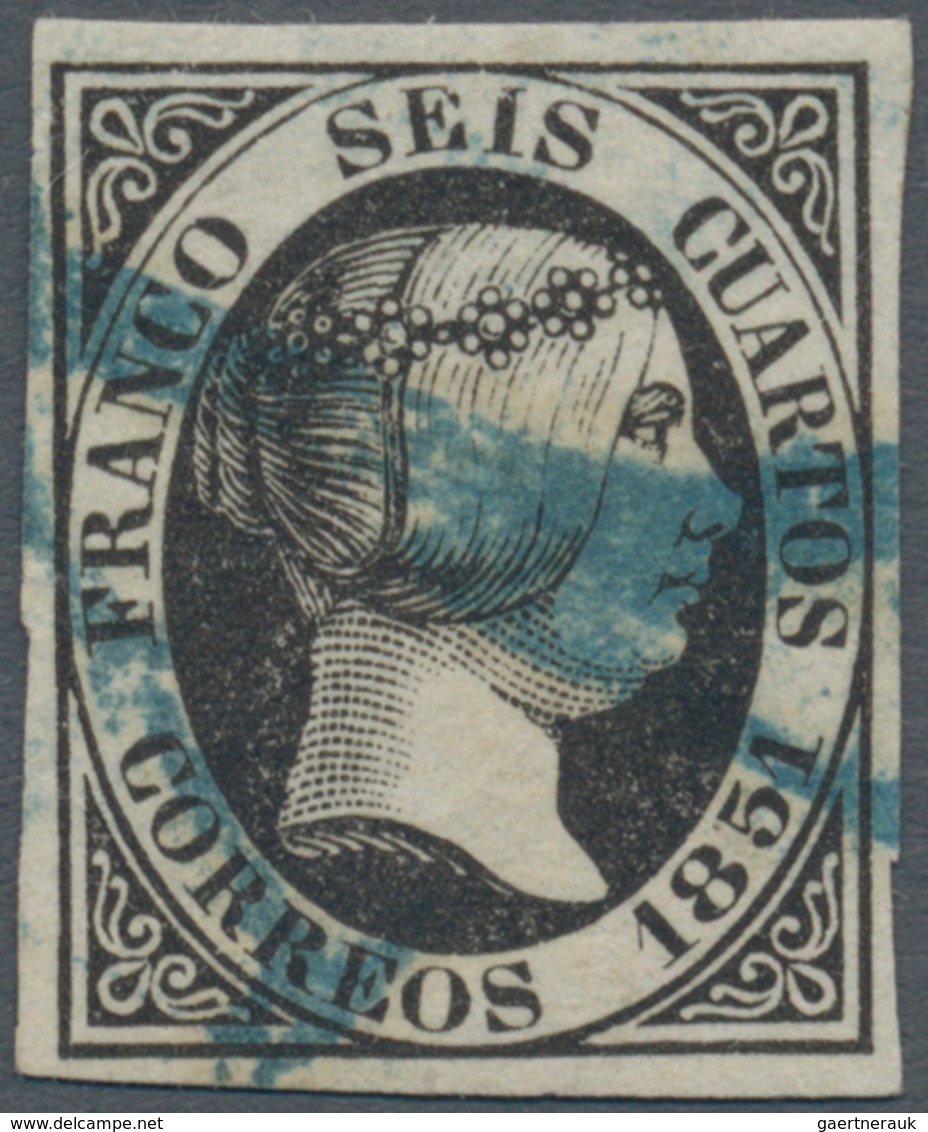 Spanien: 1851, 6cs. Black, Fresh Colour And Full To Wide Margins All Around, Neatly Oblit. By Blue P - Gebruikt