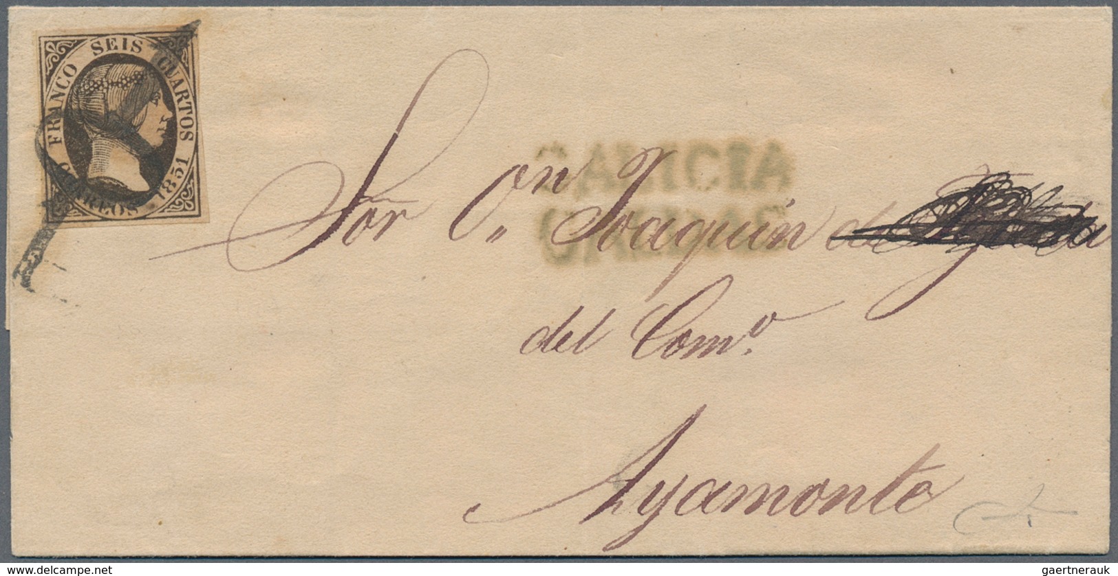 Spanien: 1851 6cu. Black, Used On Wrapper From Caldas To Ayamonte, Obliterated With The Prefilatelic - Gebruikt