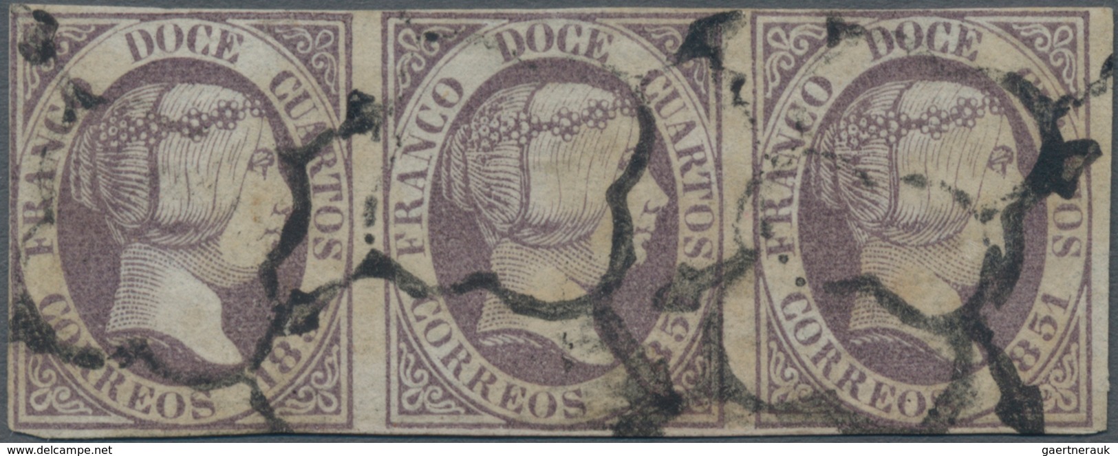 Spanien: 1851, 12cs. Lilac, Horizontal Strip Of Three, Deep Colour And Close To Full Margins, Oblit. - Gebruikt