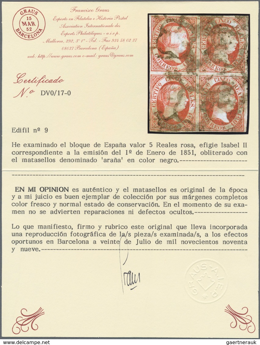 Spanien: 1851, 5r. Rose, Block Of Four, Fresh Colour And Full Margins All Around, Oblit. By Several - Gebruikt