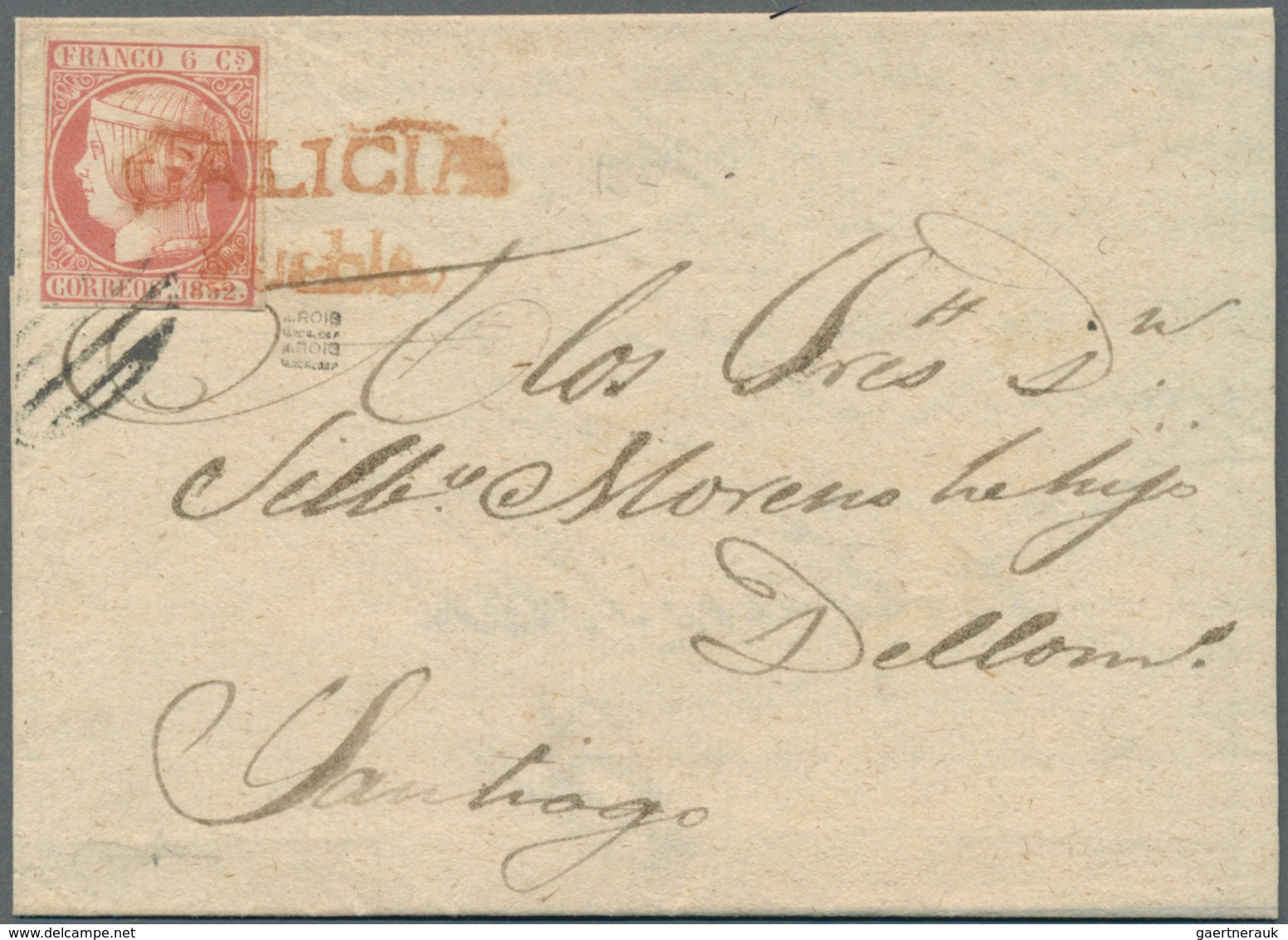 Spanien: 1852, Folded Entire Letter Bearing Isabella II 6 Cs Rose Tied By RED 2-line Canc. "GALICIA - Gebruikt