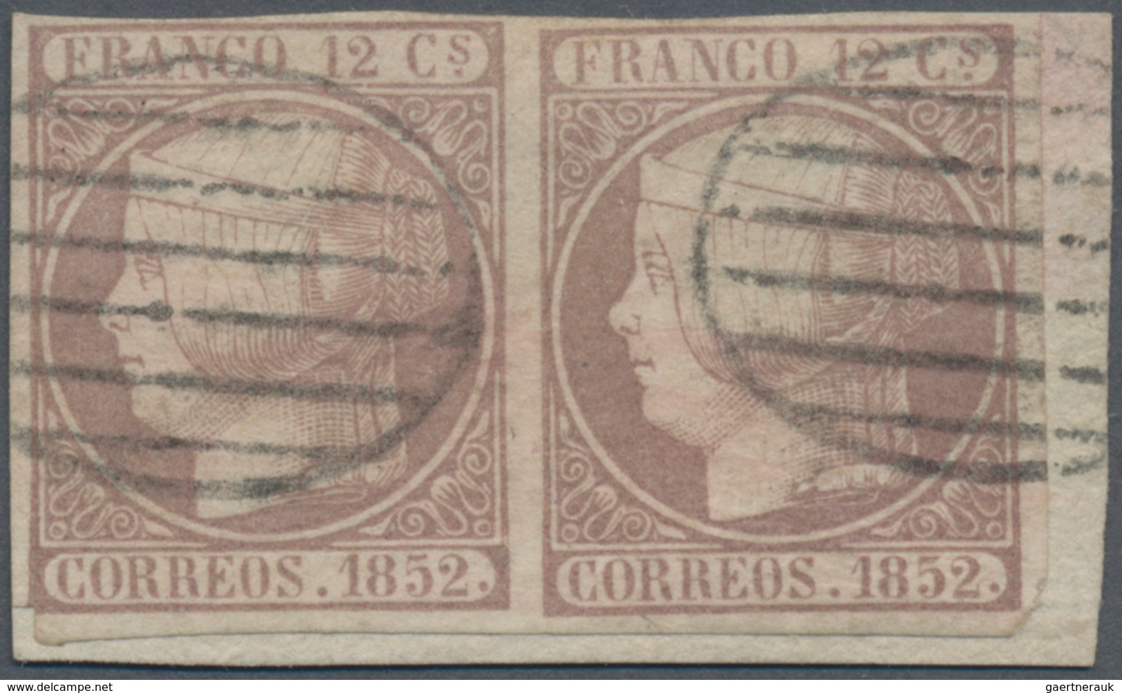 Spanien: 1852, 12cs. Lilac, Horizontal Pair, Fresh Colour And Mainly Good Margins (slightly Cut Into - Used Stamps