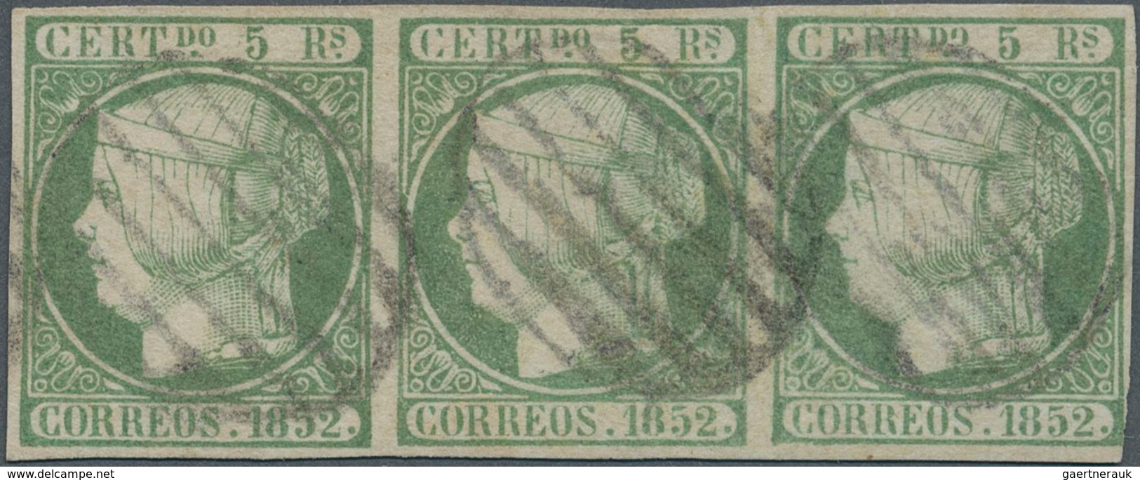 Spanien: 1852, 5r. Pale Green, Horizontal Strip Of Three, Fresh Colour, Slightly Cut Into At Lower R - Gebruikt