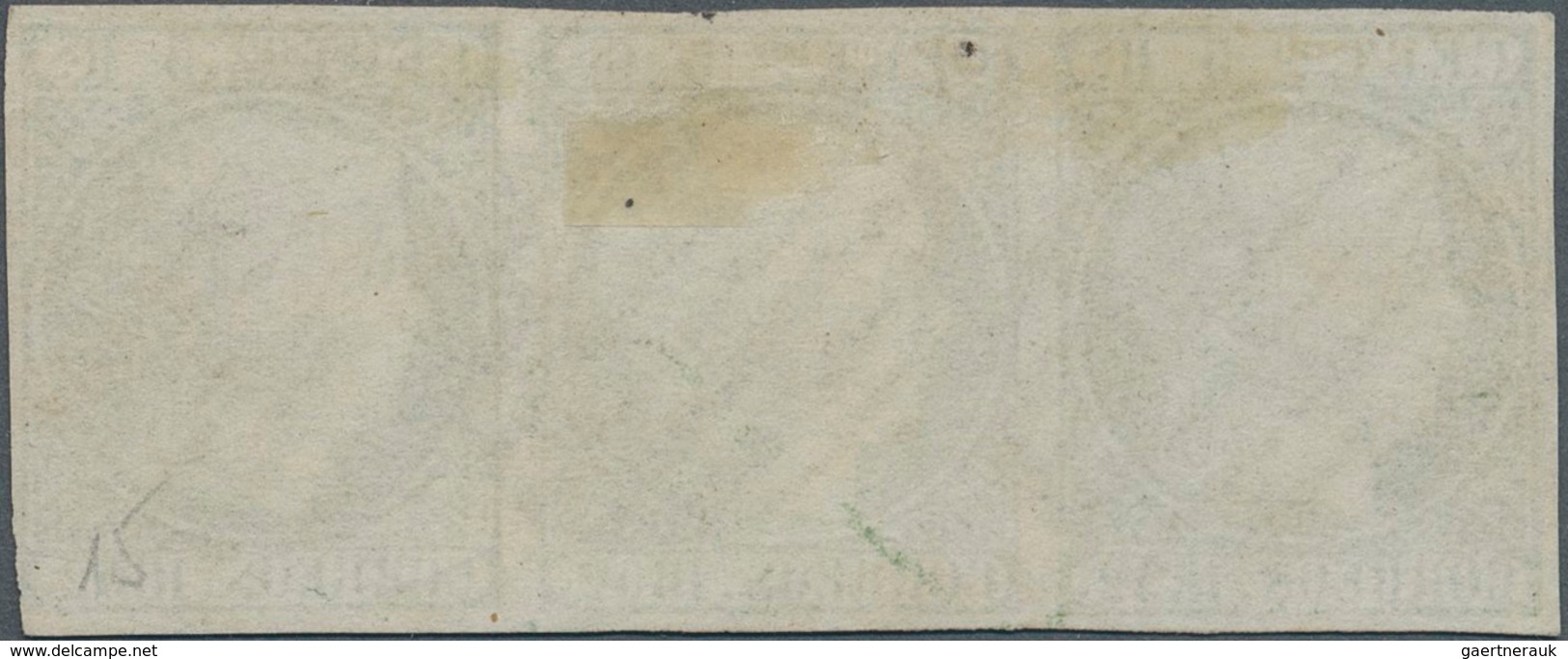 Spanien: 1852, 5r. Pale Green, Horizontal Strip Of Three, Fresh Colour, Slightly Cut Into At Lower R - Gebruikt
