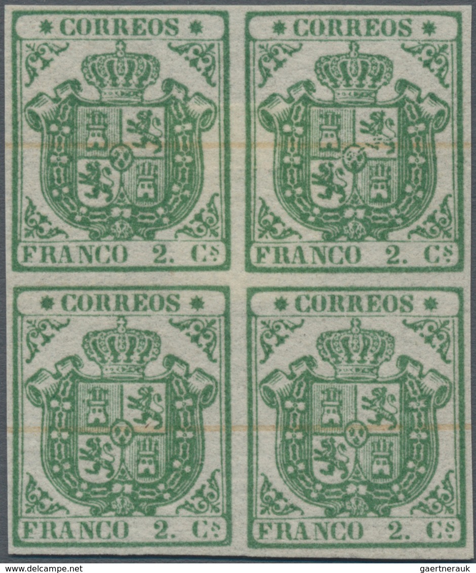 Spanien: 1854, 2cs. Green, Proof Block Of Four On Ungummed Paper With Faint Annulment Marks, Certifi - Gebruikt