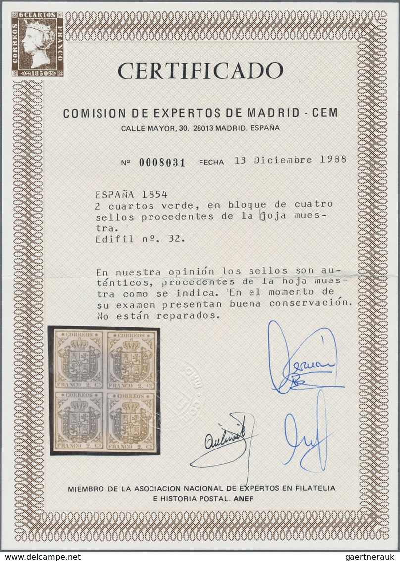 Spanien: 1854, 2cs. Green, Proof Block Of Four On Ungummed Paper With Faint Annulment Marks, Certifi - Gebruikt