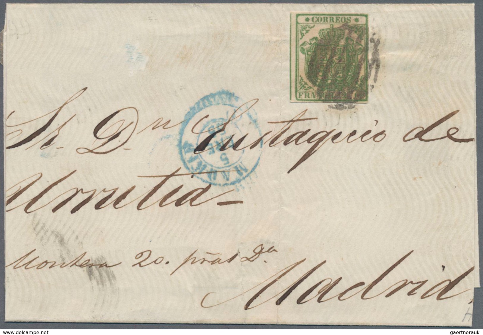 Spanien: 1854, 2cs. Green, Fresh Colour, Close To Large Margins With Part Of Adjoining Stamp, Single - Gebruikt