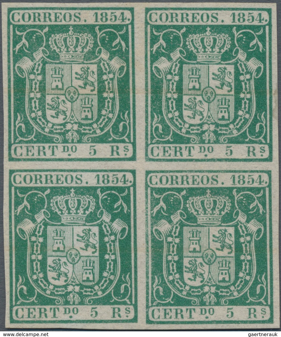 Spanien: 1854, 5r. Green, Proof Block Of Four On Ungummed Paper With Faint Annulment Marks, Signed R - Gebruikt