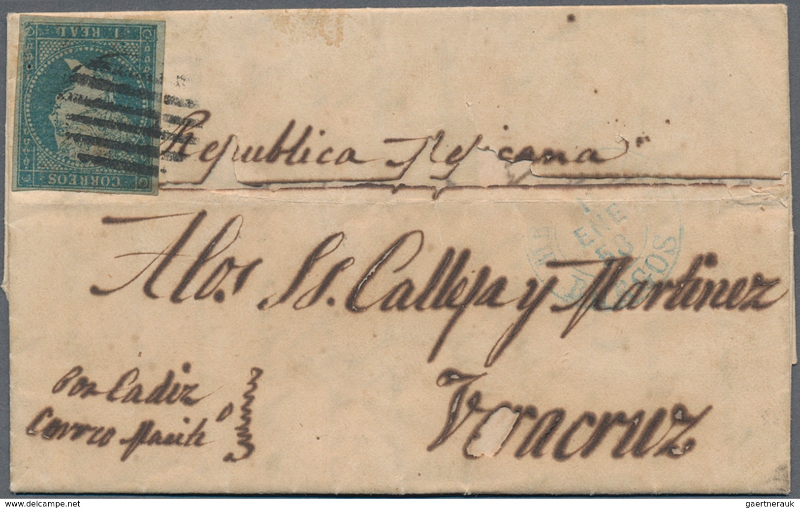 Spanien: 1855, 1 R. Deep Blue Tied Oval Grill To Entire Folded Letter With Bocos 1 Dec. 1857 Datelin - Used Stamps