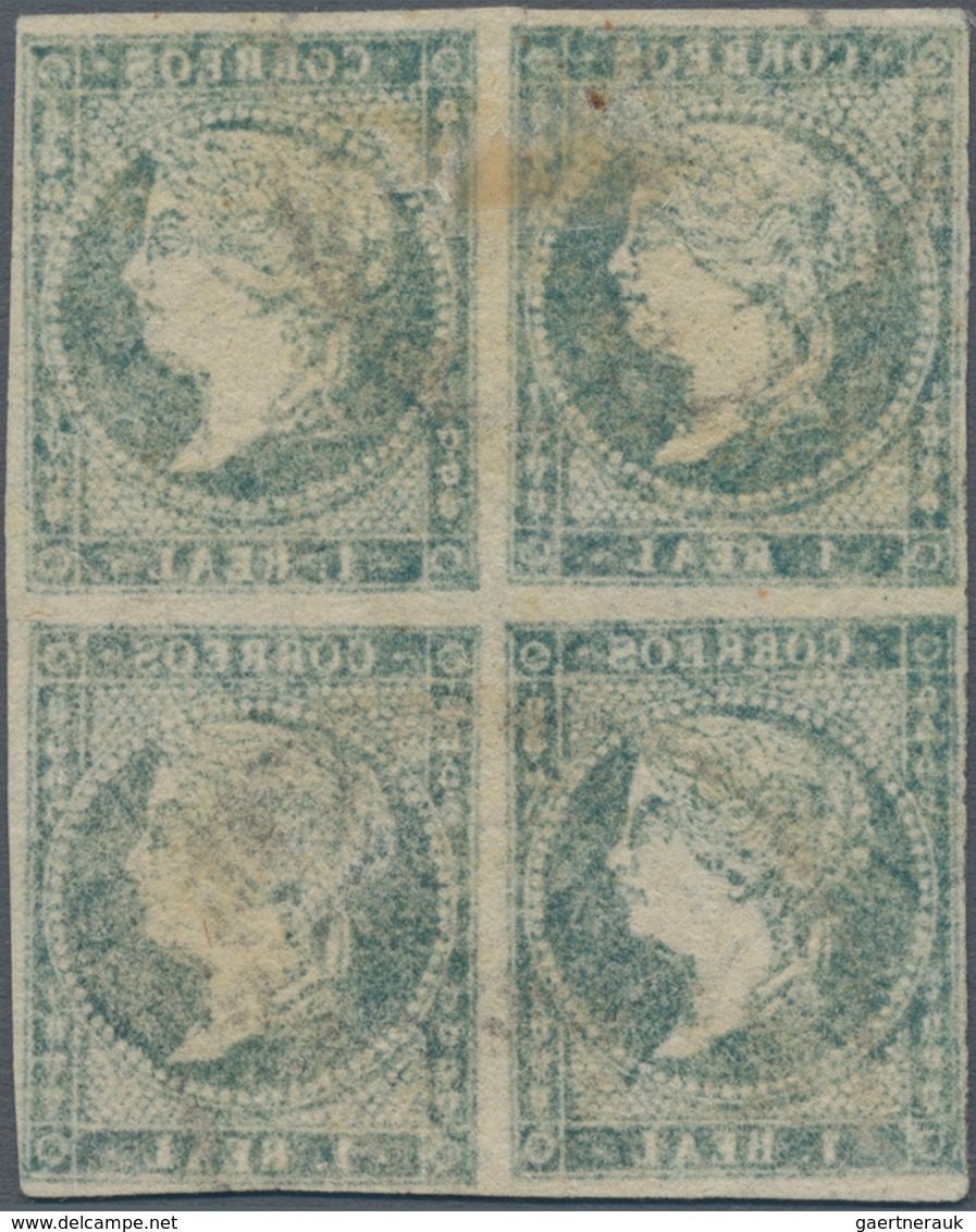 Spanien: 1856, 1r. Greenish Blue, Used Block Of Four, Deep Colour And Close To Full Margins. Edifil - Gebraucht